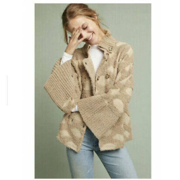 Anthropologie Rosie Neira Sz XS Intarsia Spotted Cardigan Sweater Grandpa Tan - Picture 1 of 16